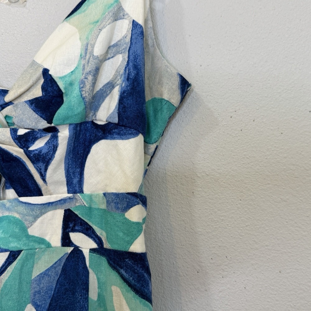 1 State Maxi Dress Womens Size Large Blue Floral Linen Blend Open Back High Slit - Picture 5 of 14